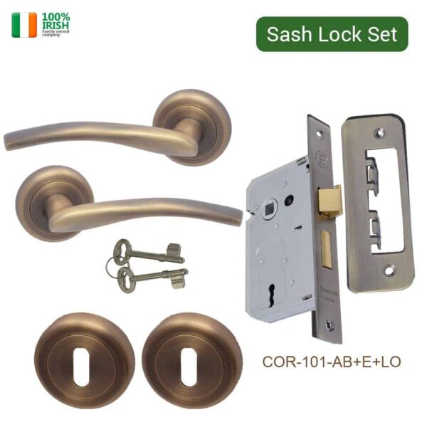 Cobh Antique Brass Premium Quality Zinc Door Handle on Rosette with Escutcheons and Lock Set