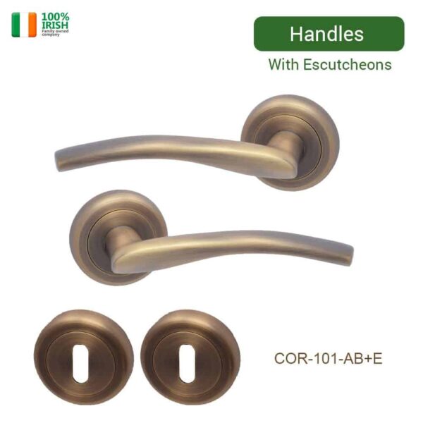 Cobh Antique Brass Premium Quality Zinc Door Handle on Rosette with Escutcheons Set