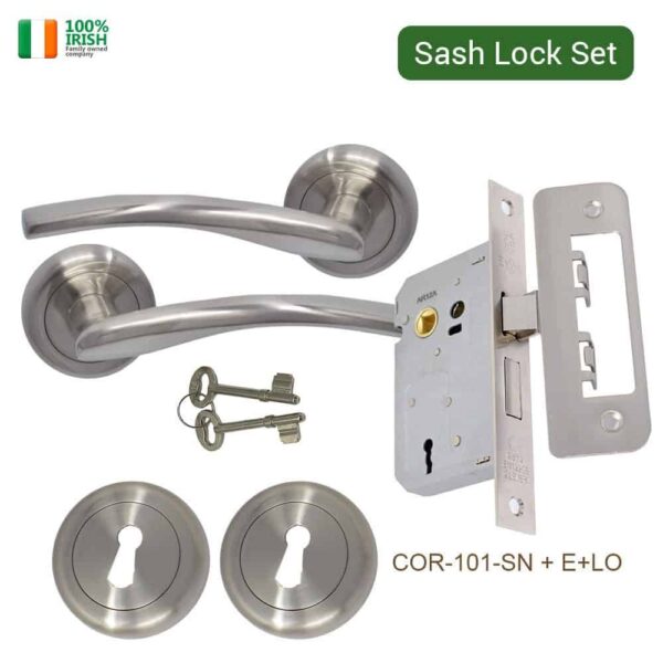 Cobh Premium Quality Door Handle, Escutcheon and Lock Set Satin Nickel