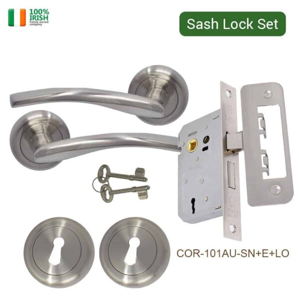 Cobh Aluminium Door Handle, Lock & Key Set on Rose Satin Nickel