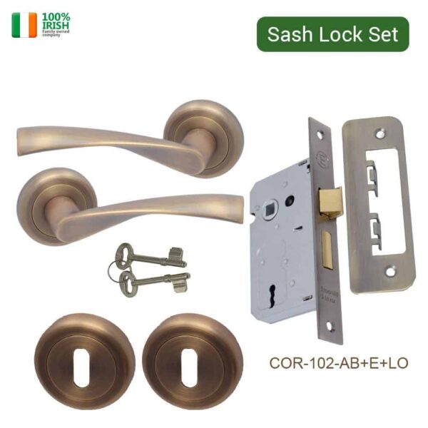 Clara Antique Brass Premium Quality Zinc Door Handle on Rosette with Escutcheons and Lock Set