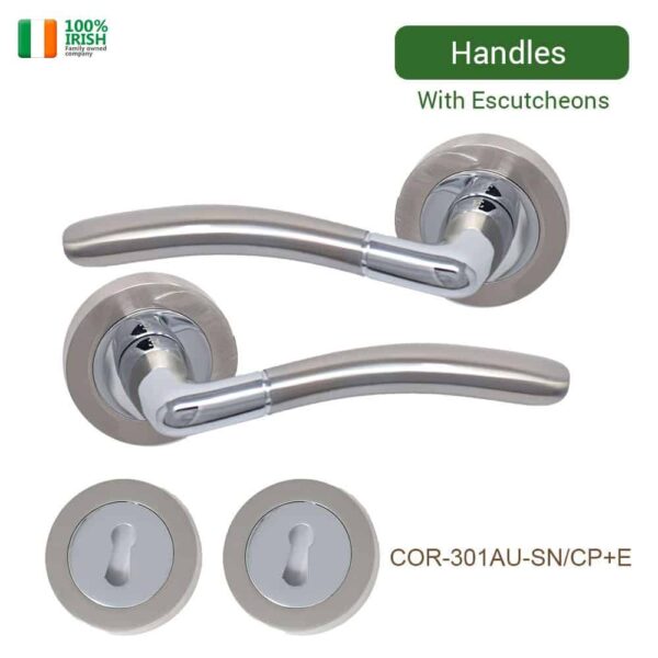 Cabra Aluminium Door Handle & Escutcheons Set on Rose Satin Nickel